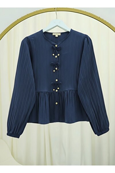 Modamorfo Blouse with Bow Detail on the Front and Elastic Sleeves with Button...