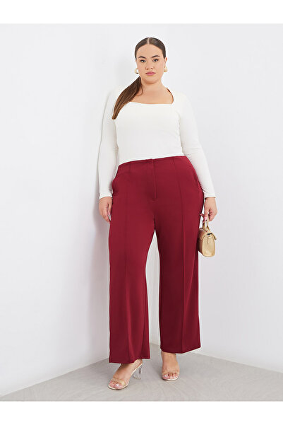 Styli Plus Burgundy Wide Leg Pants with Pintuck Detail