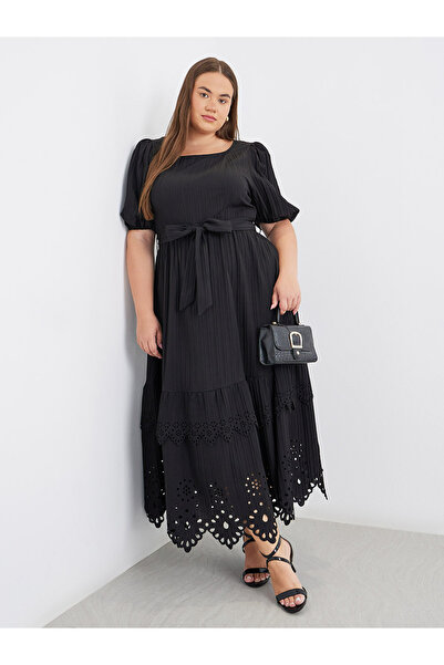 Styli Plus Black Maxi Dress with Cut-Out Pattern
