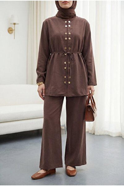 Modamorfo Double snap detailed round neck loose leg pants modal set - coffee