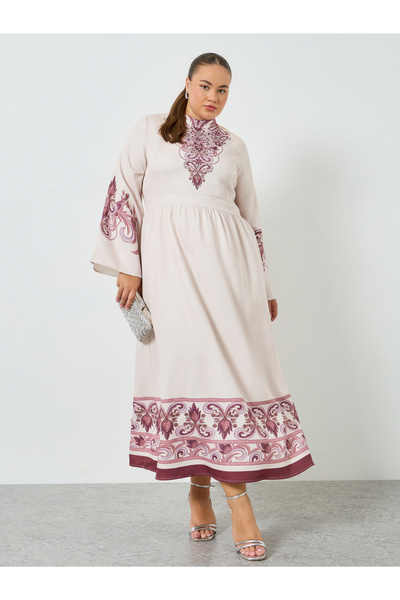 Styli Plus Size Beige Floral Long Sleeves A-Line Maxi Dress