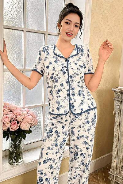 Homay طقم بيجامة من قطعتين من الليكرا بأكمام قصيرة ونقشة زهور