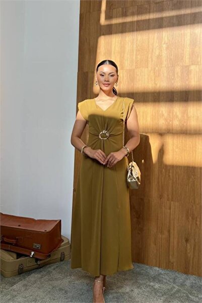 Neşeli Butik Women's Green Waist Buckle Detailed Slit Full Length Dress Nbmy3865