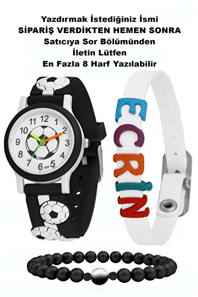 Ct Siyah-Beyaz Taraftar Çocuk Saati -İsme Özel Bileklik-Doğal taş Taraftar Bi...