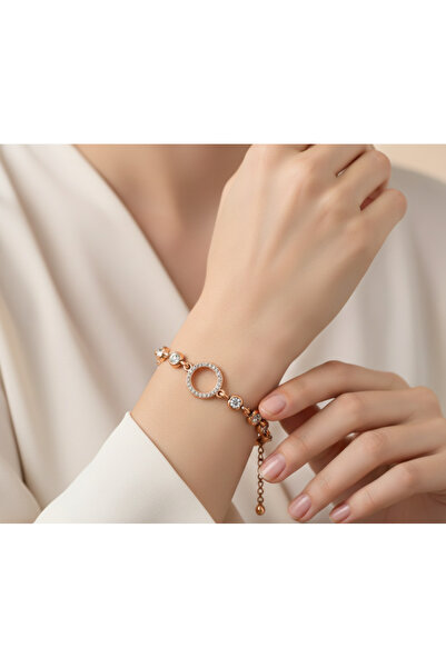 stainless steell سوار من الفولاذ بلون نحاسي مرصع بحجر الزركون