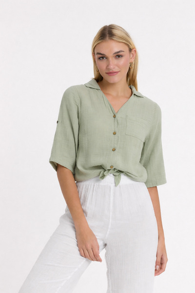 Heaven Ephesus Muslin Blouse - Muslin Front-Tie Shirt - Women's Muslin Shirt ...
