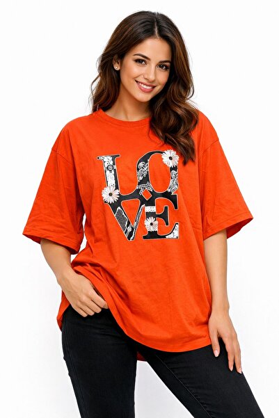 SWARO Kısakol Oversized Printed Love T-Shirt
