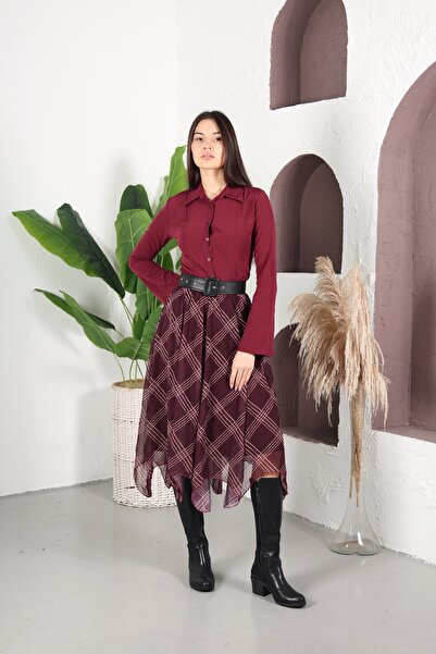 YEK&BİR Plaid Asymmetric Chiffon Skirt Black