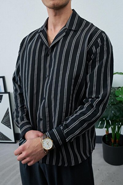 duo fideles Men's Striped Patterned Long Sleeve Regular Fit Summer Shirt