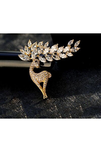 begüm jewelery KRİSTAL TAŞLARLA İŞLENMİŞ GEYİK FİGÜRLÜ GOLD TASARIM BROŞ
