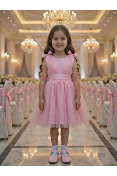 BİLGEN Style Girl's Dress Summer Tulle Detailed Shoulder Bow Part Ball Gown W...