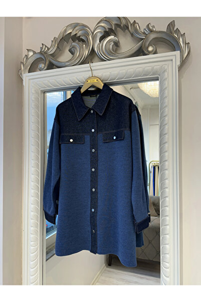 Invee Kadın Denim Detaylı Gömlek Ceket - İndigo