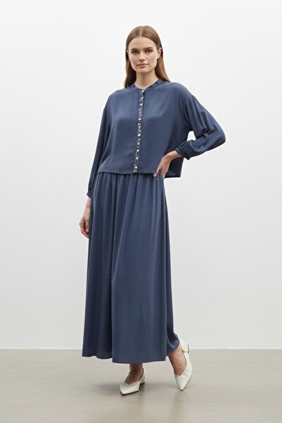 Puane Women's Stone Button Detailed Blouse and Long Skirt Set Dark Blue 14434