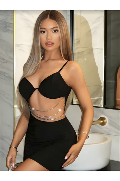 Pijamask Women's Chain-Detail Low-Cut Black Evening Dress