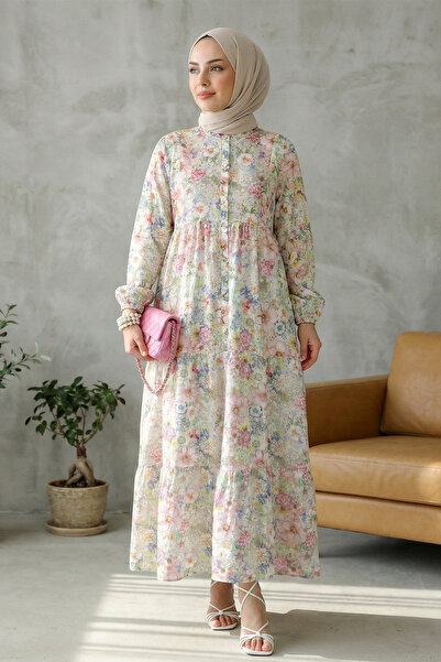 FERHEL Half-Buttoned, Elasticated Sleeve Floral Tie-Dye Patterned Dress - Dri...