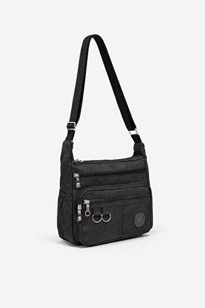 Çantacımstore Women's Crinkle Fabric Multi-Compartment Crossbody Bag Black D ...