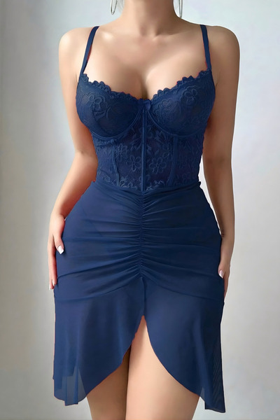 Homay 2’li Dantel İşlemeli Önü Yırtmaçlı Likralı Gecelik ve Slip Takımı