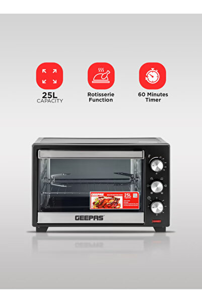 Geepas فرن كهربائي مع شواية دوارة، سعة 25 لتر، قدرة 1600 واط، رقم الموديل GO3...
