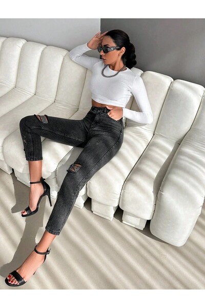 KENE JEANS High Waist Knee-Laser-Cut Detail Mom Jeans