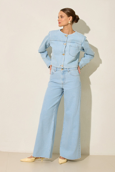 Setre Blue 100% Cotton Collarless Jacket with Button and Pocket Detail Jean Set