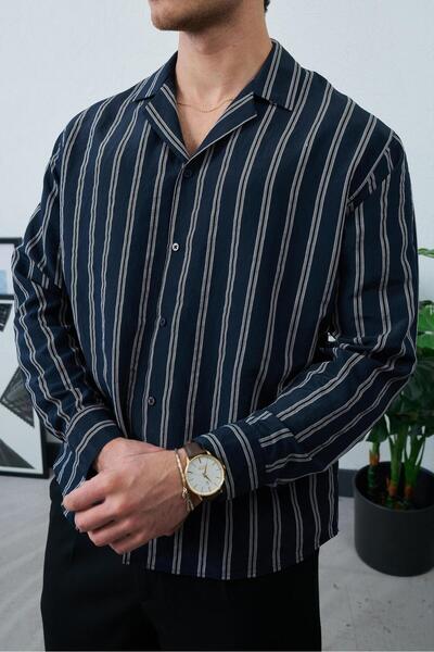 duo fideles Men's Striped Patterned Long Sleeve Regular Fit Summer Shirt
