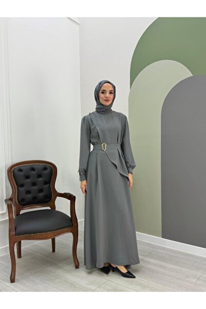 NS Moda Hijab Nazen Asymmetrical Dress Gray-Model 570