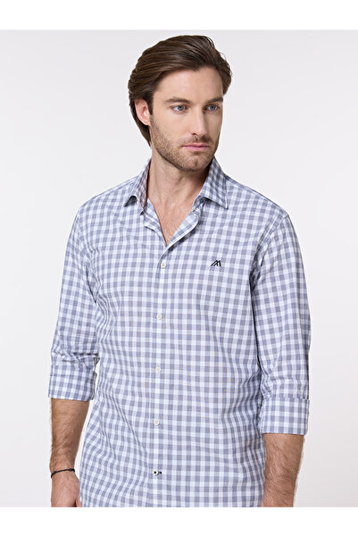 Mannerism The Mariner White and Navy Poplin Check Shirt Slim Fit