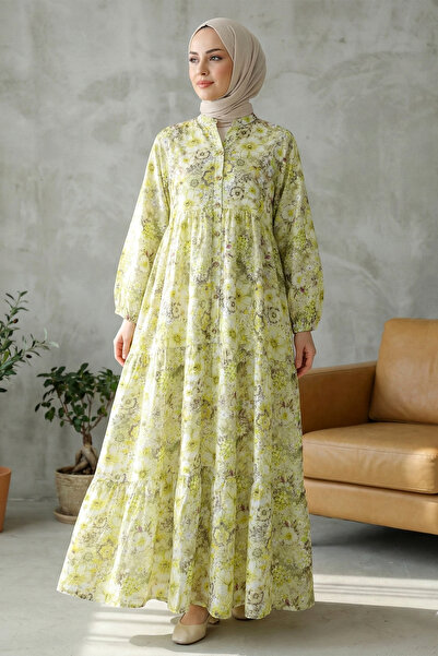 FERHEL Half-Buttoned, Elasticated Sleeve, Floral Tie-Dye Patterned Dress - Ye...