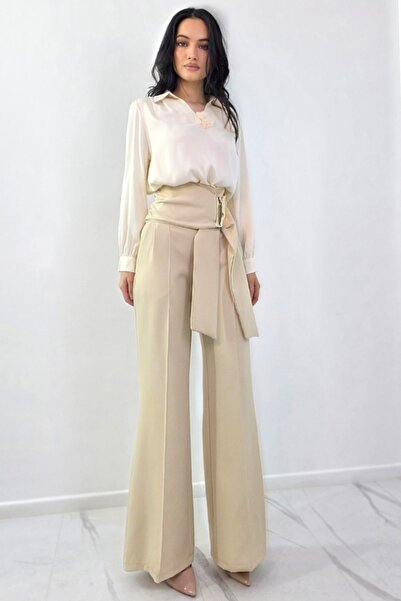 FashionForYou Καμπάνα παντελόνι Liora με φαρδύ τελείωμα και μεταλλικό Κρουαζέ...