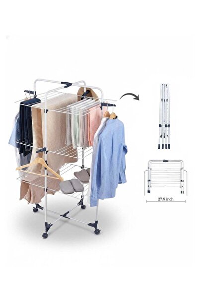 Taimi 3-Tier Foldable Clothes Drying Rack with Wheels and 4 Hooks - Steel Lau...