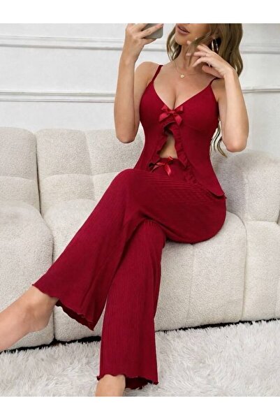 AURASTİL Women's Strappy Bowknot Pajama Set Redfire