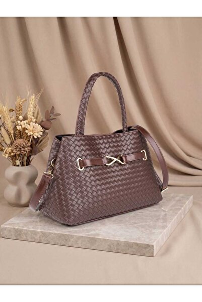 ÖZÜM ÇANTA Women's Knitted Pattern Belt Datay Hand and Shoulder Bag Brown