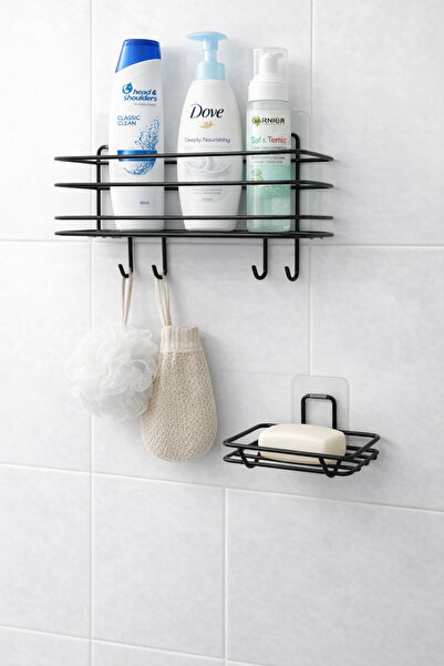 TncPatiShop Adhesive Bathroom Set, Metal Bathroom Hanger, Black Soap Dish Org...