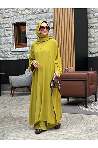 Mürdüm butik Saçaklı Mira Oversize İkili Takım-Yağ Yeşili