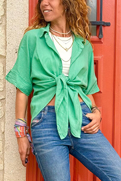 Güneşkızı Green Tied Cotton Long Back Crop Woven Blouse 70 45