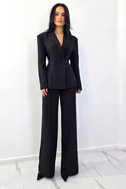 FashionForYou Costum de damă KALEN, sacou mulat cu fundă și pantaloni drepți,...