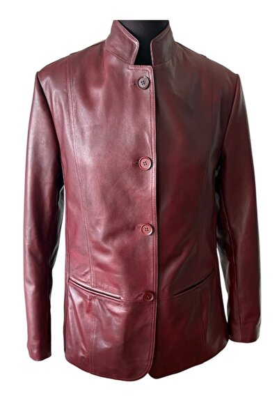 asus deri Women's Genuine Leather Burgundy Color Buttoned Jacket 4488