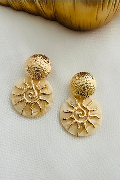 VNS Accessories Ebruli Bone Plate Earrings with Embossed Sun Figures (5.5 cm)