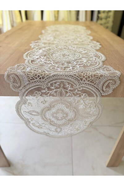 Ceki Home Table Runner, Tablecloth Runner with French Lace Detail, Single Run...