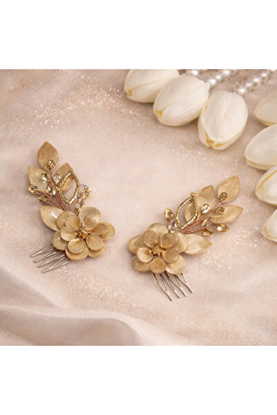 PIRILTI Tasarım Altın Çiçekli Kristal Taşlı Gelin Saç Aksesuarı Tarak Seti