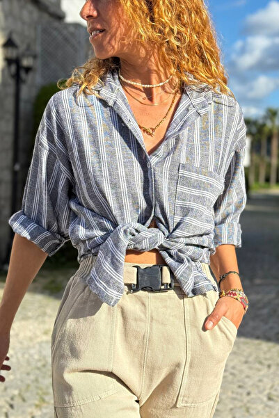 Güneşkızı Anthracite Striped Pocketed Cotton Casual Woven Shirt 70 50