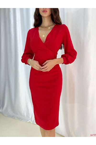 MericLine Özssa Women's Double-Breasted Collar Balloon Sleeve Midi Length Dress