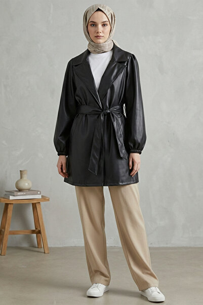 FERHEL Geantă de damă cu buzunare duble, cu mâner elastic cu nasturi, din pie...