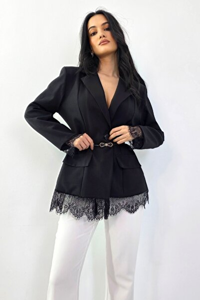 FashionForYou Maelis fitted jacket, with lace and accent stitching, Black, Si...