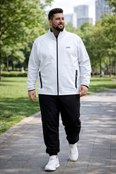 BESSA White Stand Collar Tracksuit Set Plus Size Zipper Pocket Straight Leg P...