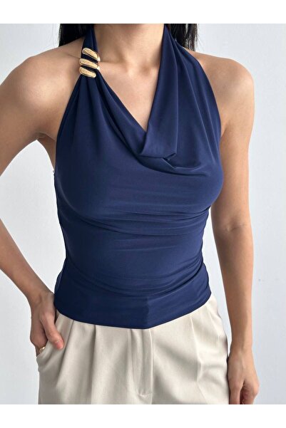 ALLEYTA Women's Neck Strap Open Back Draped Front Blouse with Accessory Detail