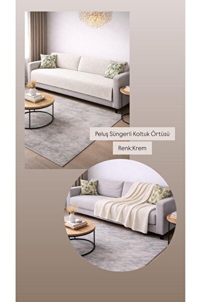 Zümrüt Ev Tekstil Peluş Süngerli Koltuk Örtüsü Krem