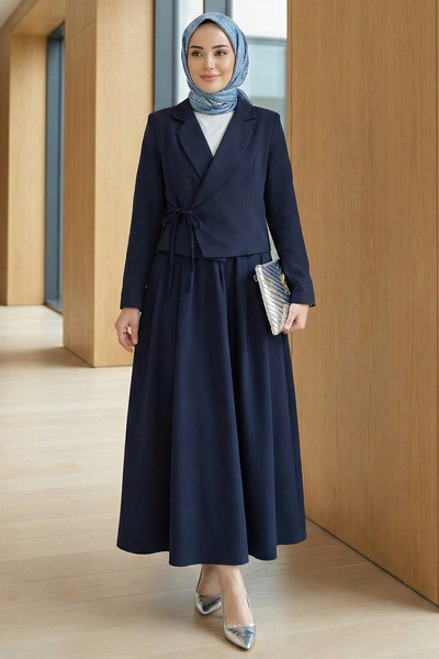 FERHEL Women's Tie-Front Skirt and Jacket Double Hijab Set - Navy Blue