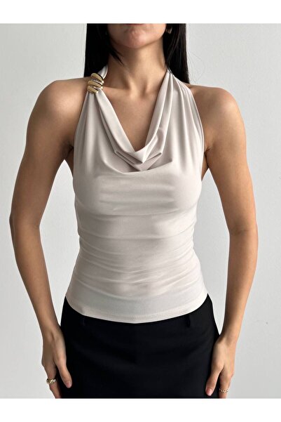 ALLEYTA Bluză de damă cu bretele la gât, cu spatele gol, cu drapaj în față și...