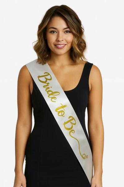 silky glows Handwritten Italic Gold Bride to Be Sash on White Satin 10 cm Width